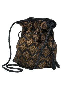 Isabella Fiore - Black Leather & Gold Embroidered "Grace" Bucket Bag
