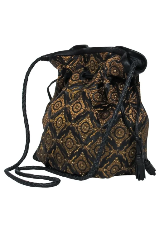 Isabella Fiore - Black Leather & Gold Embroidered "Grace" Bucket Bag
