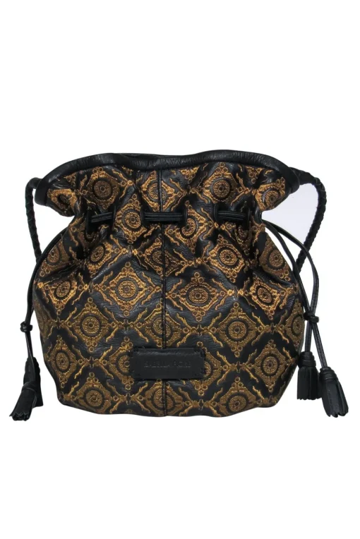 Isabella Fiore - Black Leather & Gold Embroidered "Grace" Bucket Bag