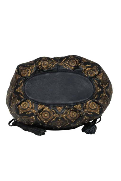 Isabella Fiore - Black Leather & Gold Embroidered "Grace" Bucket Bag