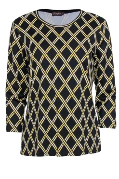 J. McLaughlin - Black & Gold Lattice Print Three-Quarter Sleeve Top Sz L