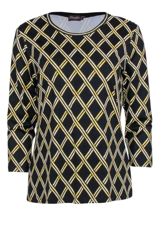 J. McLaughlin - Black & Gold Lattice Print Three-Quarter Sleeve Top Sz L