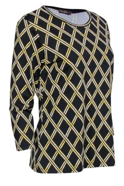 J. McLaughlin - Black & Gold Lattice Print Three-Quarter Sleeve Top Sz L