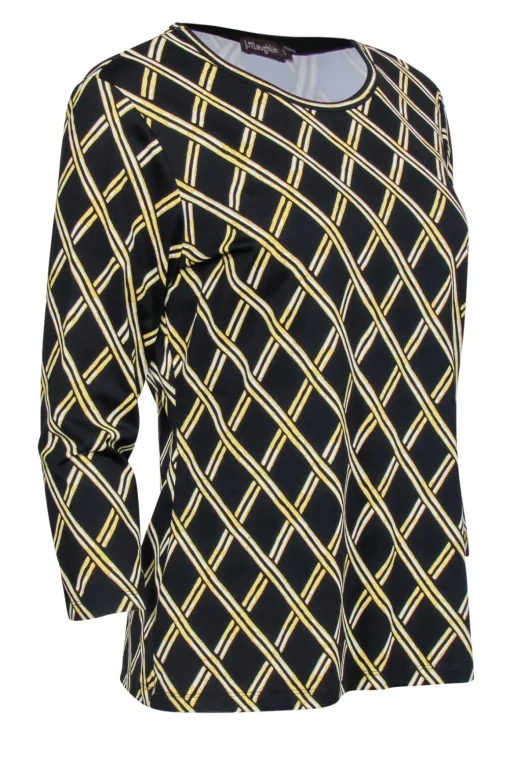 J. McLaughlin - Black & Gold Lattice Print Three-Quarter Sleeve Top Sz L