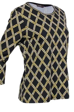 J. McLaughlin - Black & Gold Lattice Print Three-Quarter Sleeve Top Sz L