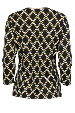 J. McLaughlin - Black & Gold Lattice Print Three-Quarter Sleeve Top Sz L