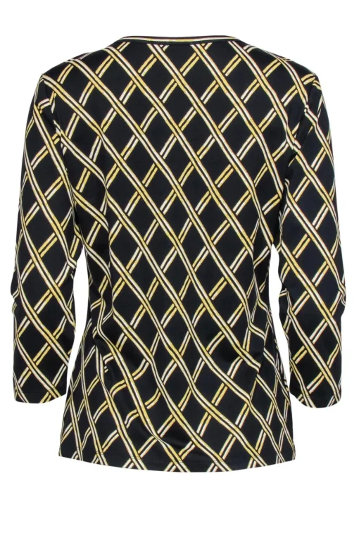 J. McLaughlin - Black & Gold Lattice Print Three-Quarter Sleeve Top Sz L