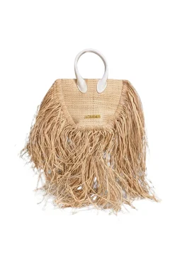 Jacquemus - Beige & White Raffia Woven Calfskin Le Petit Baci Handbag