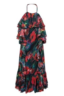 Jason Wu - Green, Red, & Multicolor Blurred Floral Print Chiffon Dress Sz 12