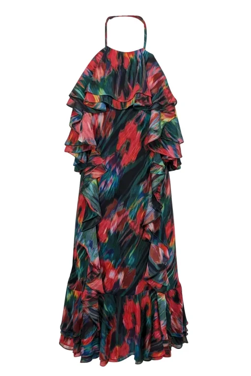 Jason Wu - Green, Red, & Multicolor Blurred Floral Print Chiffon Dress Sz 12