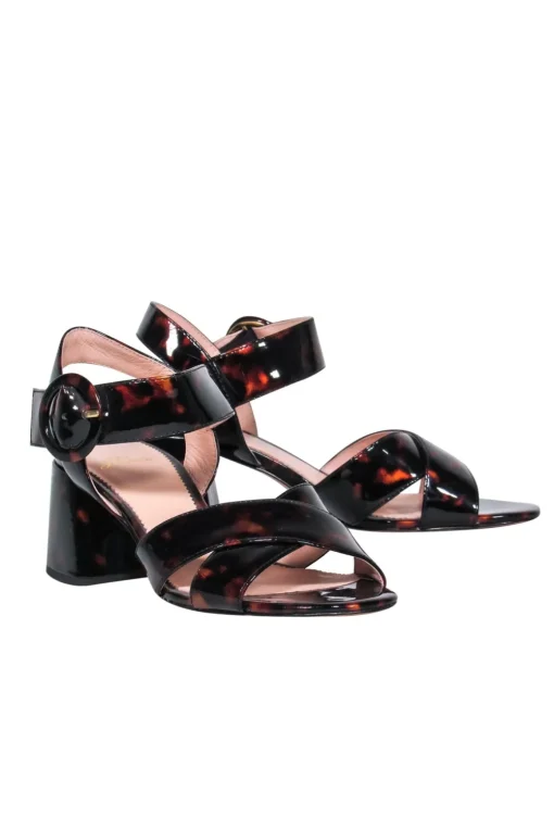J.Crew - Brown Tortoise Shell Patent Leather Block Heel Sandals w/ Buckle Sz 6.5