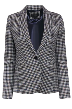 J.Crew - Cream, Brown & Blue Plaid Wool Blazer w/ Suede Elbow Patches Sz 4