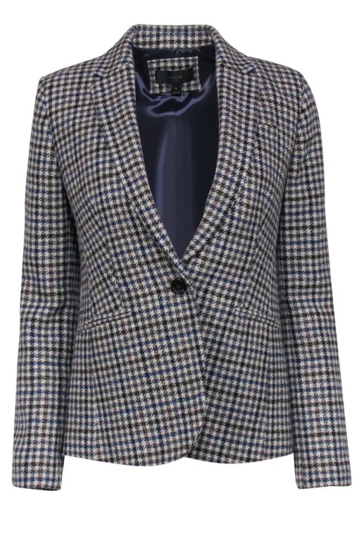J.Crew - Cream, Brown & Blue Plaid Wool Blazer w/ Suede Elbow Patches Sz 4