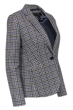 J.Crew - Cream, Brown & Blue Plaid Wool Blazer w/ Suede Elbow Patches Sz 4