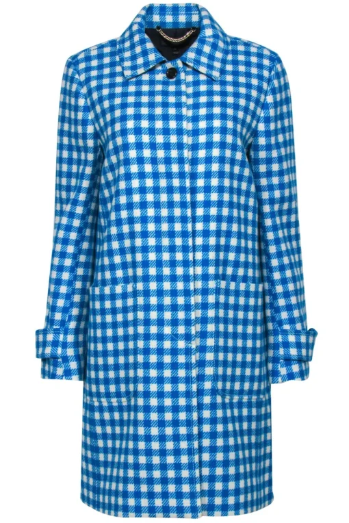 J.Crew – Cyan Blue & White Checkered Plaid Wool Coat Sz 10