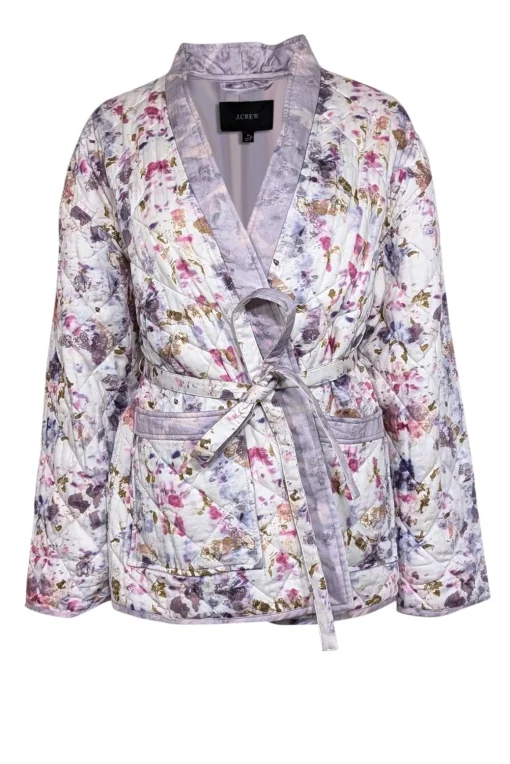 J.Crew - Lavender, Pink, Brown & White Quilted w/ Waist Tie Jacket Sz S