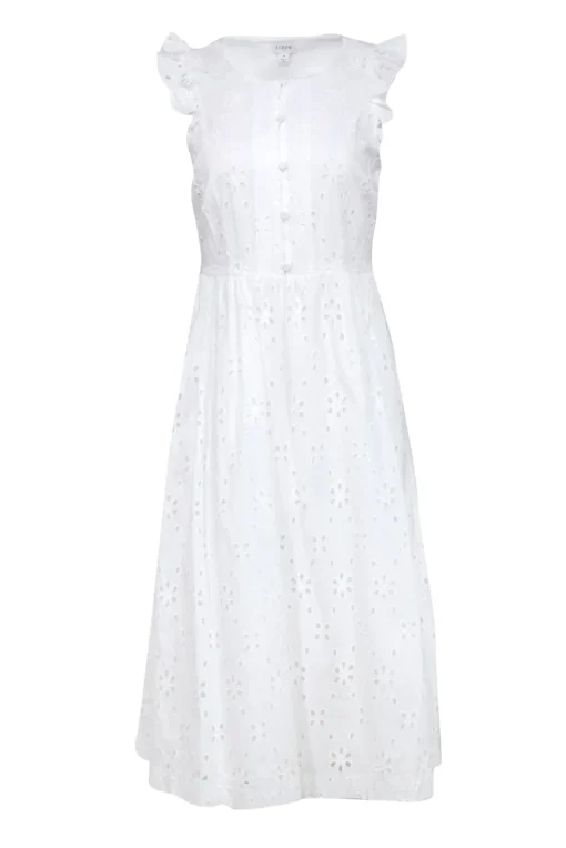 J.Crew - White Floral Eyelet Ruffled Midi Dress Sz 4