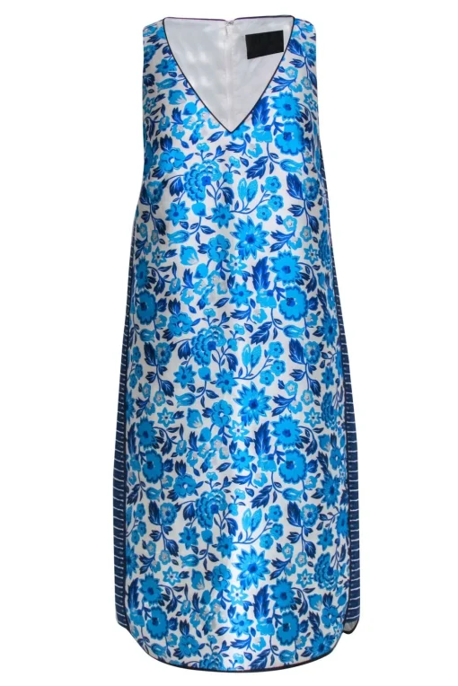 J.Crew Collection - Aqua & Cobalt Floral Motif Silk & Cotton Shift Dress Sz 6