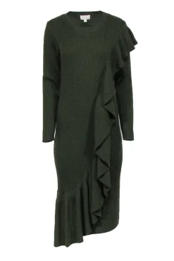 J.Crew Collection - Green Ribbed Knit Long Sleeve Ruffle Dress Sz M