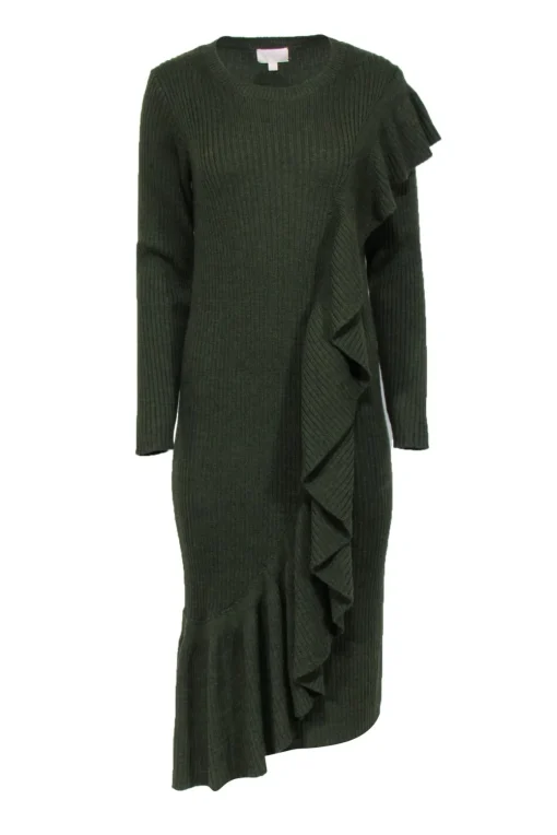 J.Crew Collection - Green Ribbed Knit Long Sleeve Ruffle Dress Sz M