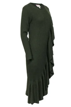 J.Crew Collection - Green Ribbed Knit Long Sleeve Ruffle Dress Sz M