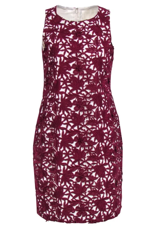 J.Crew Collection - Ivory & Burgundy Floral Embroidered Overlay Sheath Dress Sz 6