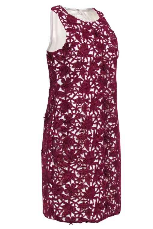 J.Crew Collection - Ivory & Burgundy Floral Embroidered Overlay Sheath Dress Sz 6