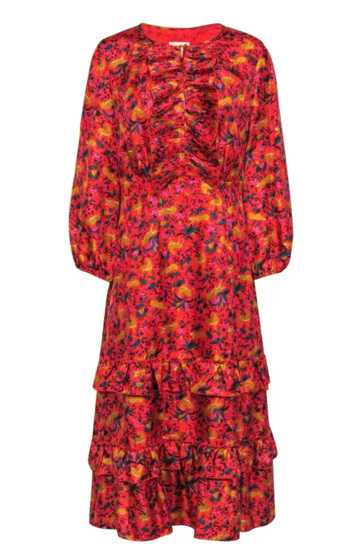 J.Crew Collection - Red & Multicolor Floral & Leopard Print Ruffled Silk Maxi Dress Sz 14