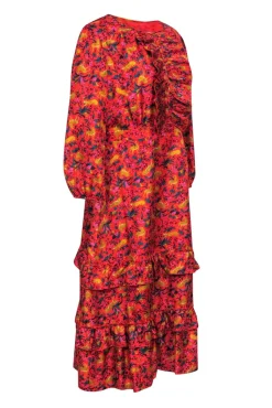 J.Crew Collection - Red & Multicolor Floral & Leopard Print Ruffled Silk Maxi Dress Sz 14