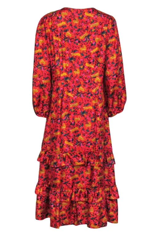J.Crew Collection - Red & Multicolor Floral & Leopard Print Ruffled Silk Maxi Dress Sz 14