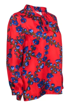 J.Crew Collection - Red Floral Print Tie Neck Blouse Sz S
