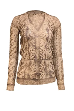 Jean Paul Gaultier - Beige & Brown Print Mesh Long Sleeve Top Sz M