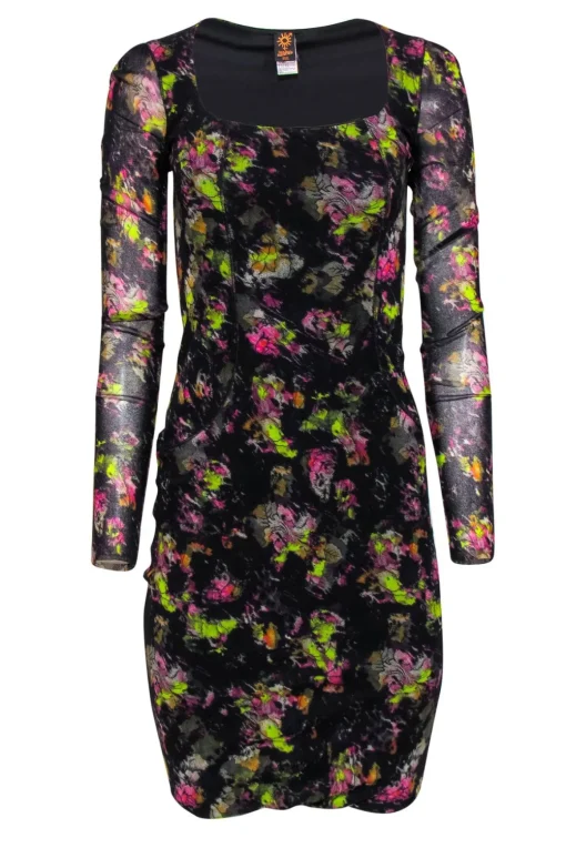 Jean Paul Gaultier Soleil - Black Floral Mesh Scoop Neck Bodycon Dress Sz S