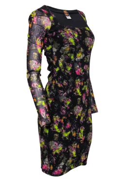 Jean Paul Gaultier Soleil - Black Floral Mesh Scoop Neck Bodycon Dress Sz S