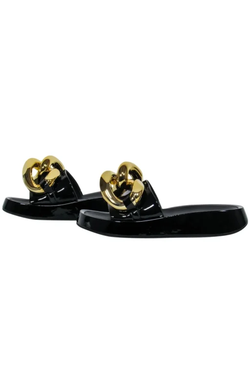 Jeffrey Campbell - Black Patent Slide Sandals w/ Oversized Chain Link Sz 7.5