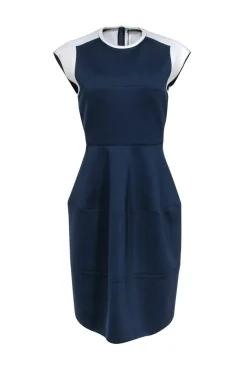 Jil Sander - Navy Fit & Flare Scuba Dress w/ White Trim Sz 8