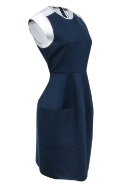 Jil Sander - Navy Fit & Flare Scuba Dress w/ White Trim Sz 8