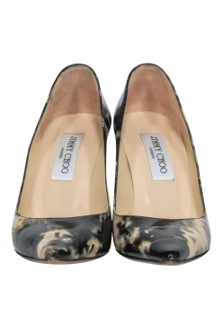 Jimmy Choo - Black & Beige Marbled Patent Leather Pointed Toe Pumps w/ Green Heels Sz 6
