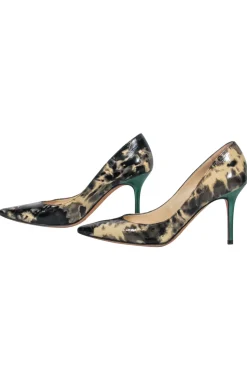 Jimmy Choo - Black & Beige Marbled Patent Leather Pointed Toe Pumps w/ Green Heels Sz 6