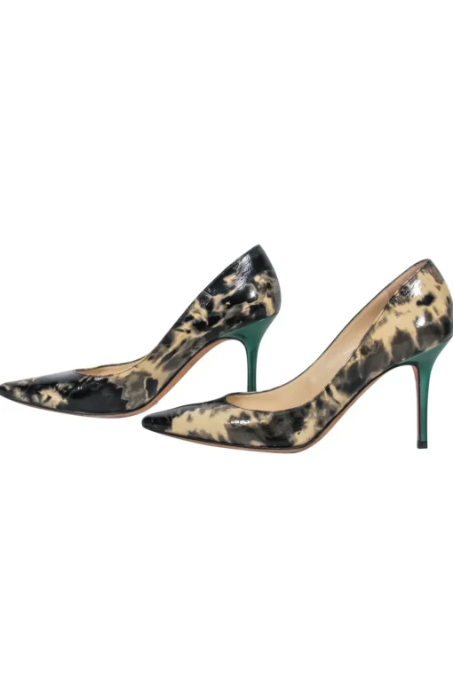 Jimmy Choo - Black & Beige Marbled Patent Leather Pointed Toe Pumps w/ Green Heels Sz 6