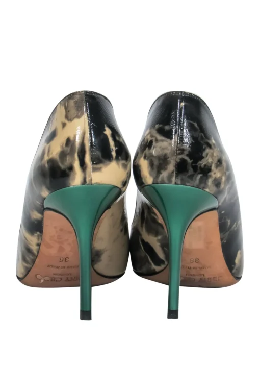 Jimmy Choo - Black & Beige Marbled Patent Leather Pointed Toe Pumps w/ Green Heels Sz 6