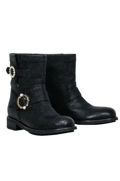 Jimmy Choo - Black Sparkle Textured Leather Ankle Lugsole Boot w/ Pearl Buckles Sz 6.5