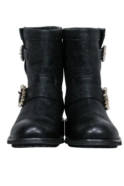 Jimmy Choo - Black Sparkle Textured Leather Ankle Lugsole Boot w/ Pearl Buckles Sz 6.5