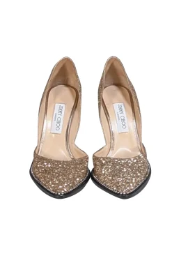 Jimmy Choo - Gold Glitter Pointed Toe Pumps w/ Rhinestone Trim Sz 10