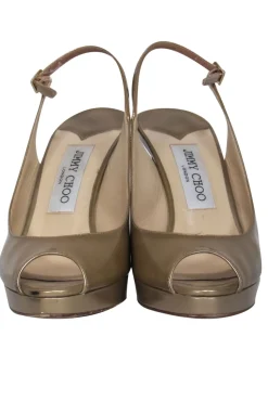 Jimmy Choo - Gold Patent Leather Open Toe Slingback Pumps Sz 7.5