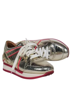 Jimmy Choo - Gold Reptile Embossed Lace-Up Platform Sneakers w/ Pink Trim Sz 5.5