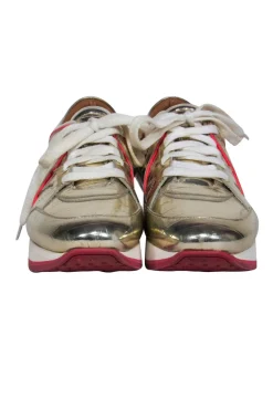 Jimmy Choo - Gold Reptile Embossed Lace-Up Platform Sneakers w/ Pink Trim Sz 5.5
