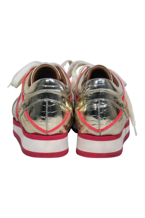 Jimmy Choo - Gold Reptile Embossed Lace-Up Platform Sneakers w/ Pink Trim Sz 5.5