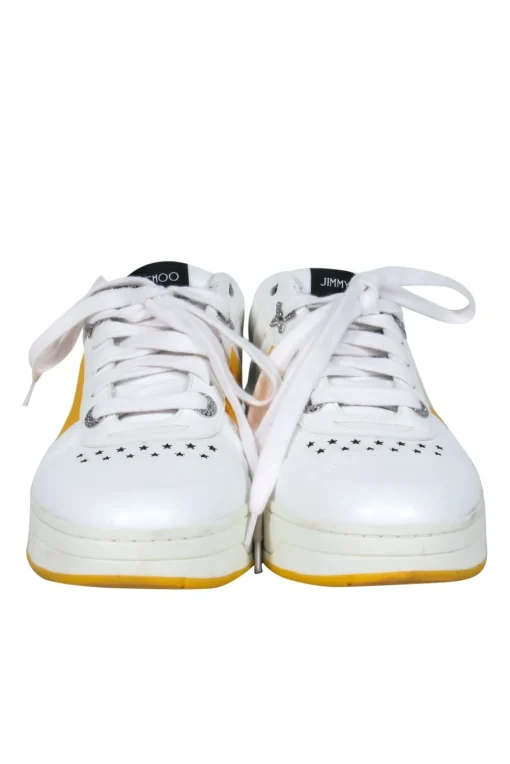 Jimmy Choo - White & Yellow Leather Lace-Up Sneakers w/ Crystal Star Hardware Sz 7.5