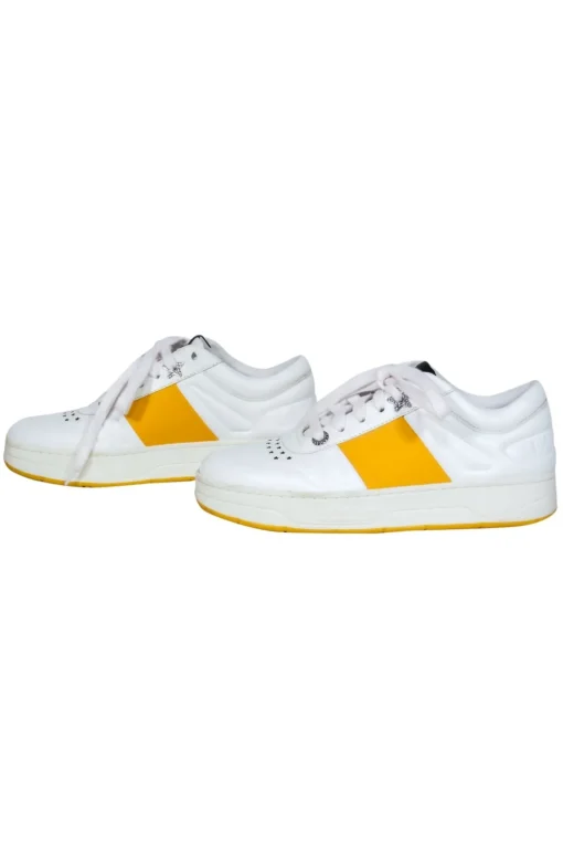 Jimmy Choo - White & Yellow Leather Lace-Up Sneakers w/ Crystal Star Hardware Sz 7.5